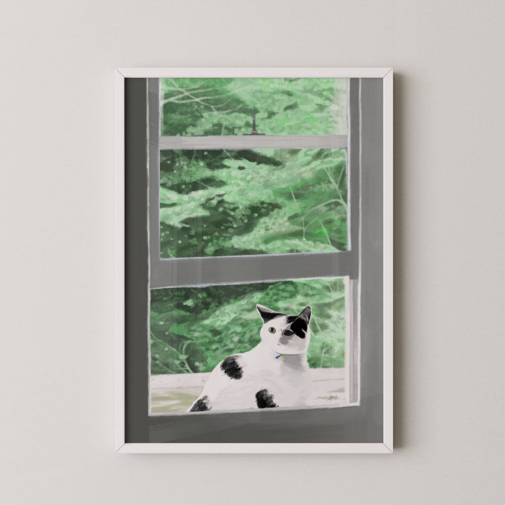 Wall art of a cat looking from a window in a greenery background