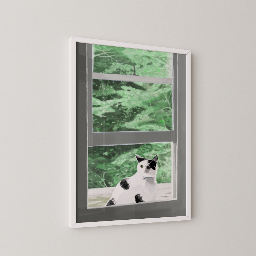 Framed art print of a cat looking from a window