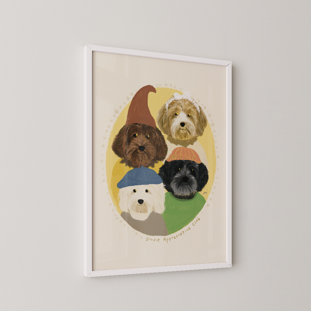 Unframed art print of four doodle dogs wearing colorful hats on a beige background
