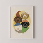 Unframed art print of four doodles wearing colorful hats on a beige background