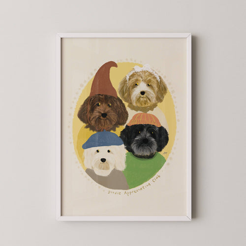 Unframed art print of four doodles wearing colorful hats on a beige background