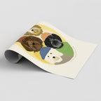 Rolled unframed art print of four doodle dogs wearing colorful hats on a beige background
