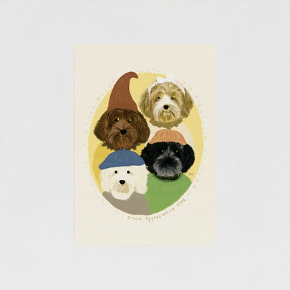 Unframed art print of four doodle dogs wearing colorful hats on a beige background