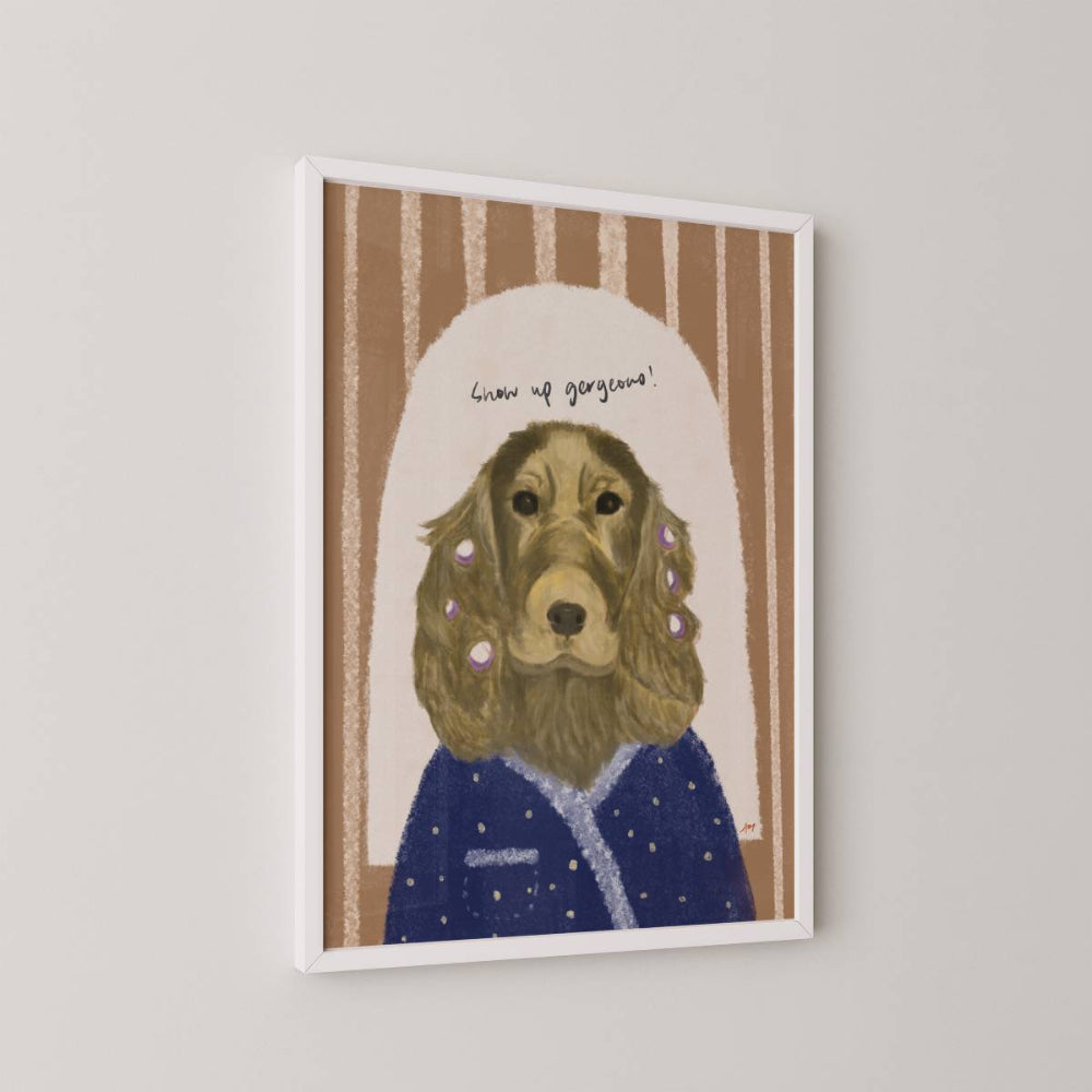 Art print of a cocker spaniel doing her hair with self-care quote on a striped background