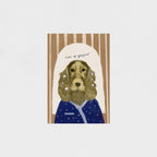 Art print of a cocker spaniel doing her hair with self-care quote on a striped background