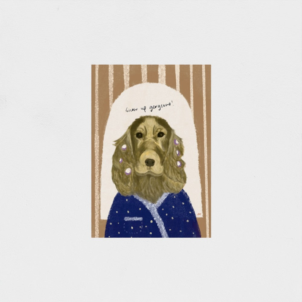Art print of a cocker spaniel doing her hair with self-care quote on a striped background