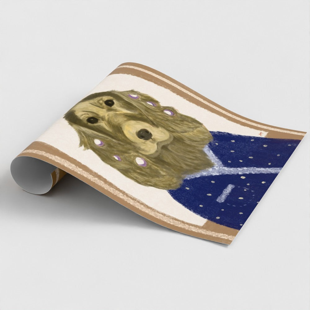 Rolled unframed art print of a cocker spaniel doing her hair with self-care quote on a striped background