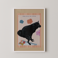 Unframed pink art print of a black dog doing his business displayed in a white frame