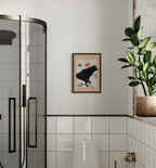 Funny black dog art print hanged in a bathroom
