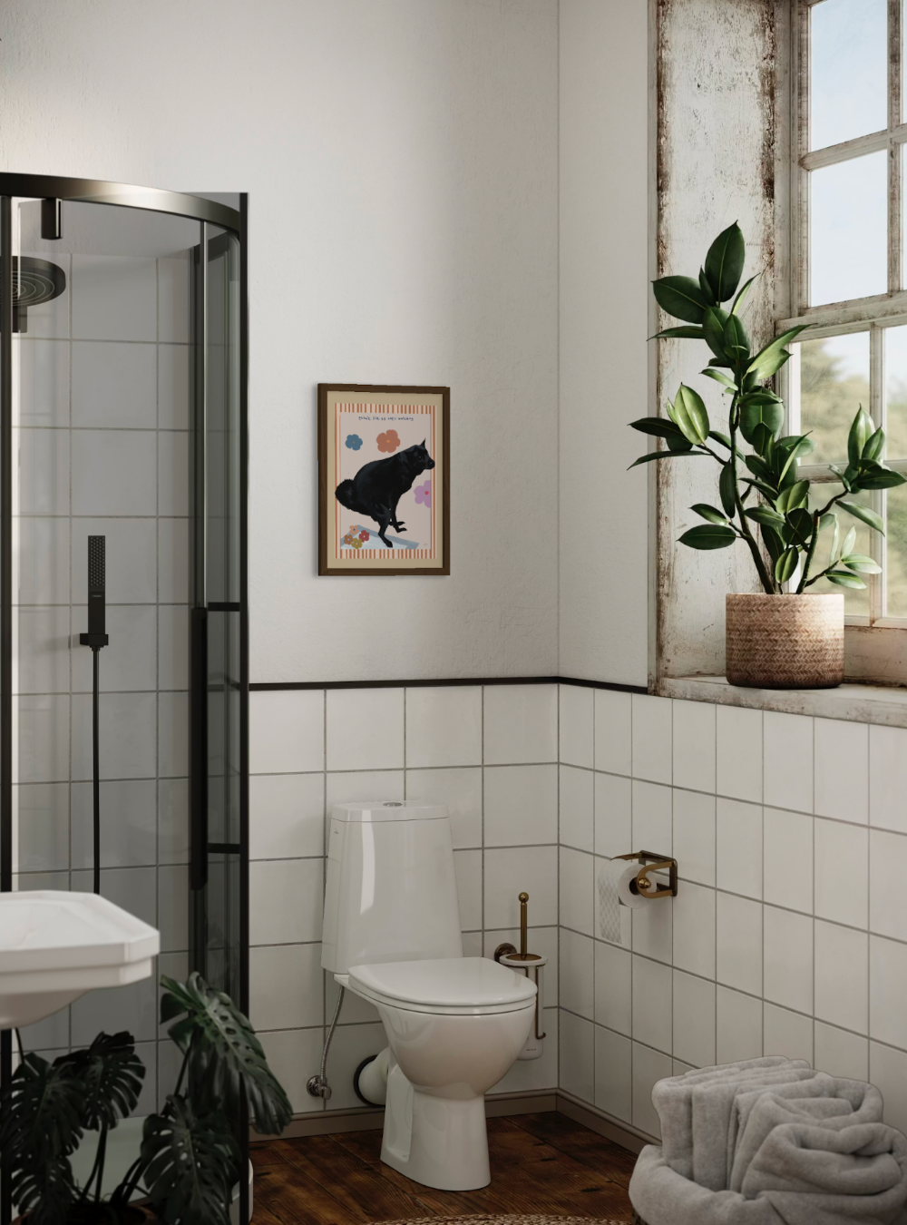 Funny black dog art print hanged on a wall in a bathroom