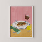 Framed artwork with a pink background, plate of food, glass of wine, tennis ball, and text on a white wall.