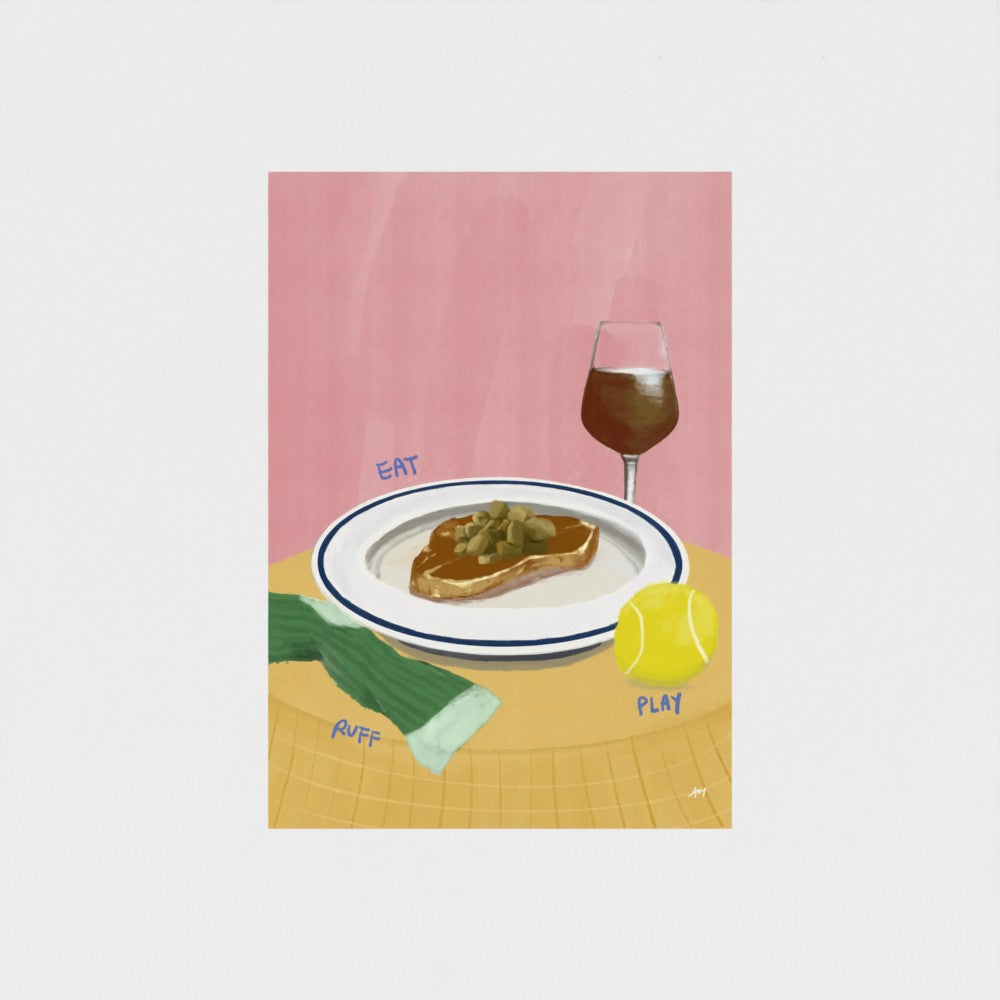 Illustration of a meal with a steak, wine, sock and tennis ball on a checkered tablecloth against a pink background.