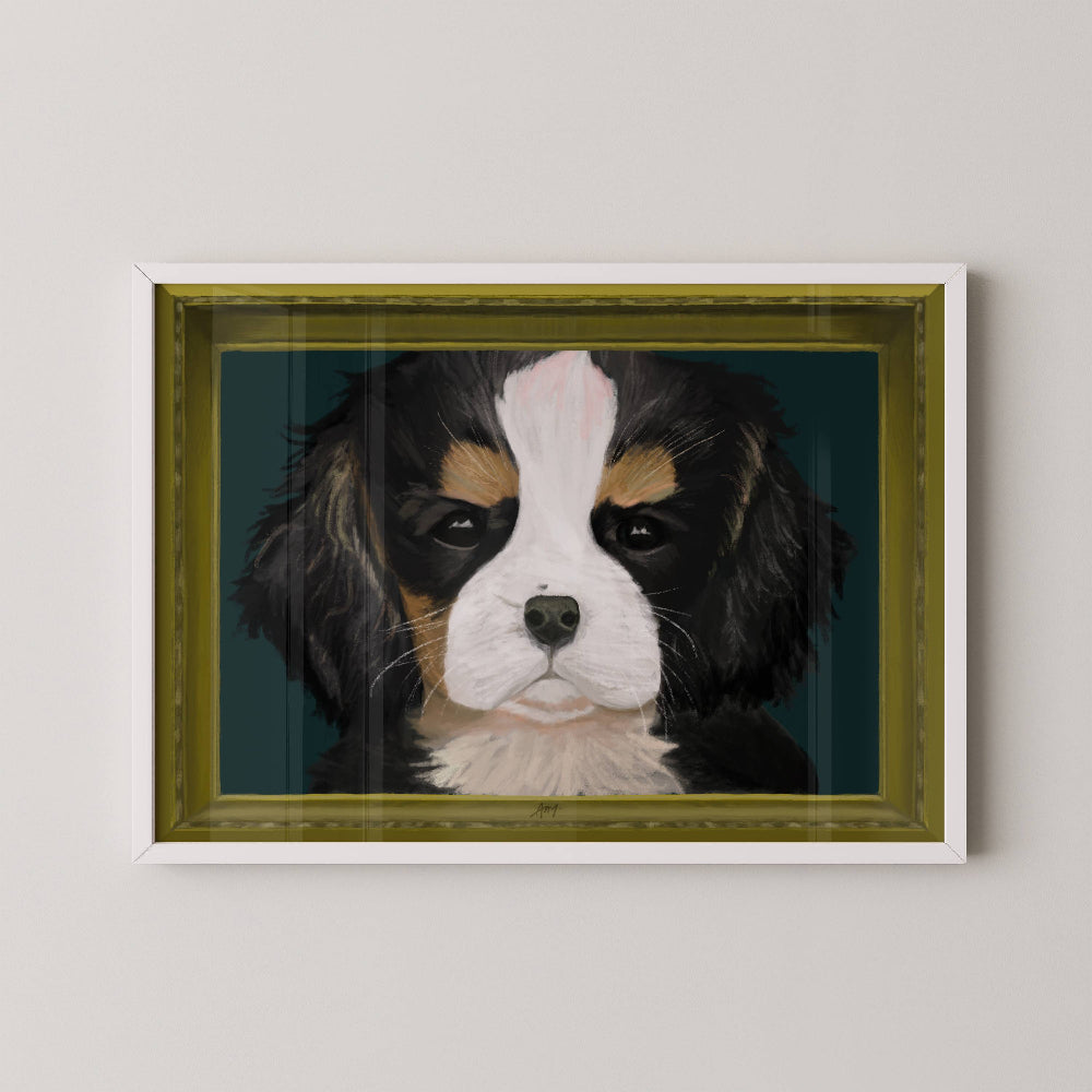 Unframed borderless art print of a cavalier king charles spaniel portrait in a white frame