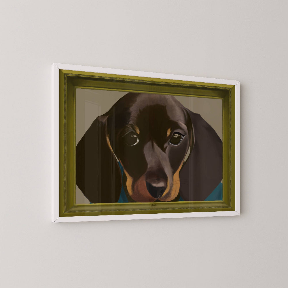 Unframed sausage dog wall art displayed in a white frame