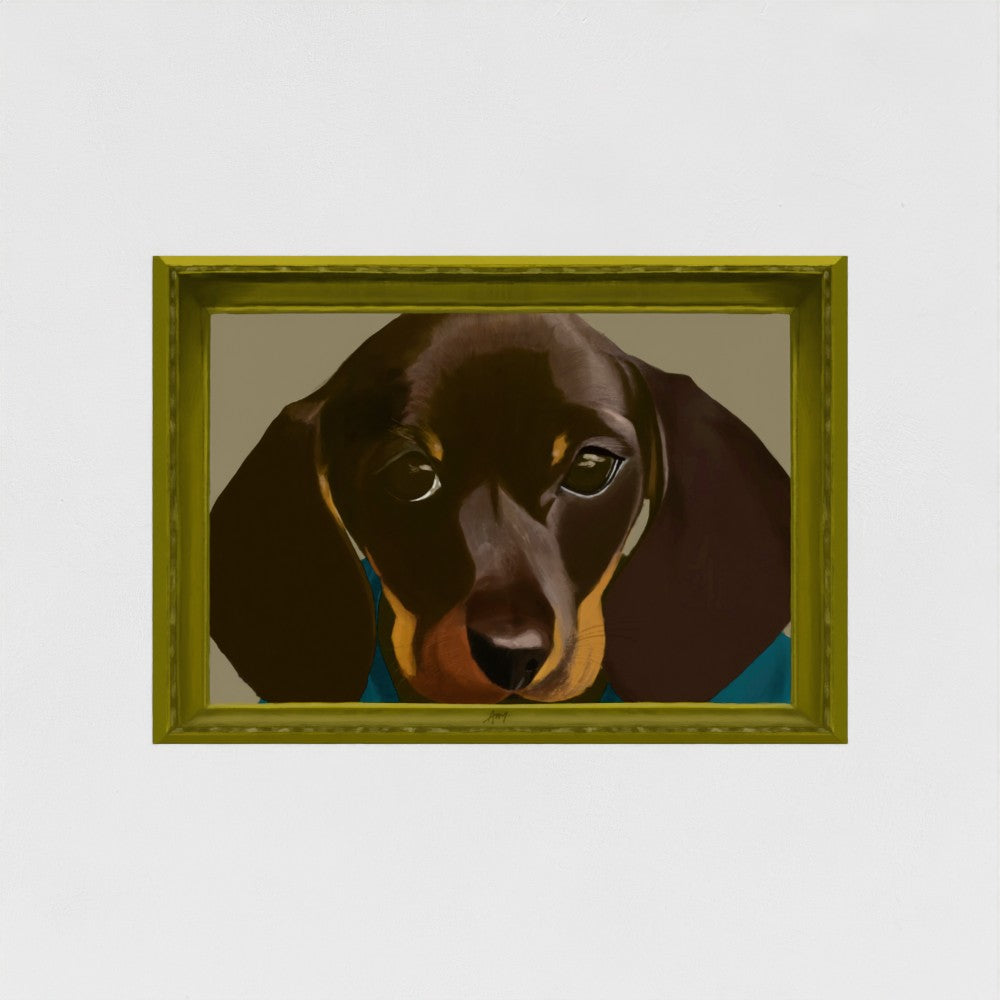 Unframed portrait of a dachshund in an illustrated frame