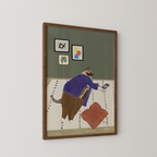 Art print of a lazy cat in a purple sweater trying to reach her phone