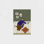 Wall art of a cat in a blue sweater on a rug with a phone