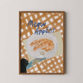 Framed artwork with 'Meow Appetit' text and shrimp illustration on a checkered background.