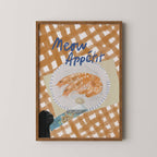 Framed artwork with 'Meow Appetit' text and shrimp illustration on a checkered background.