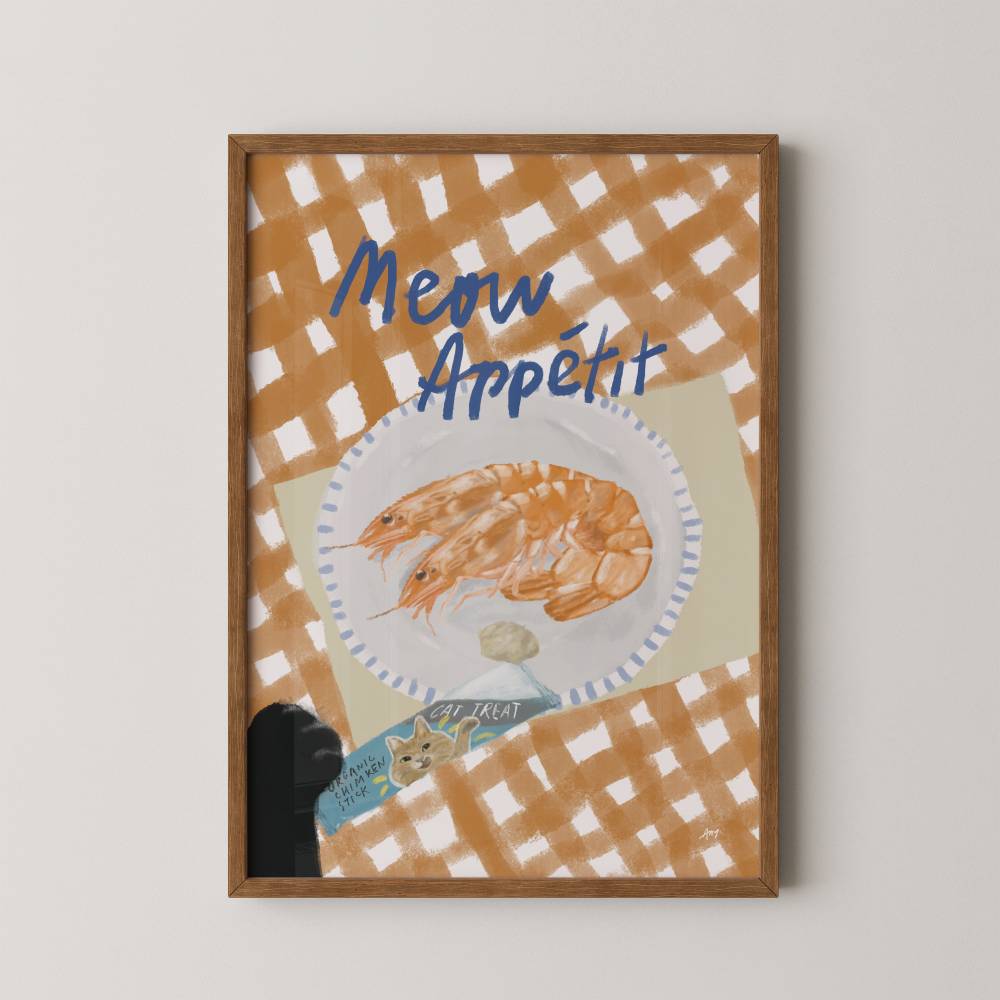 Framed artwork with 'Meow Appetit' text and shrimp illustration on a checkered background.