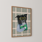 Art print of a border collie wearing glasses and holding a book