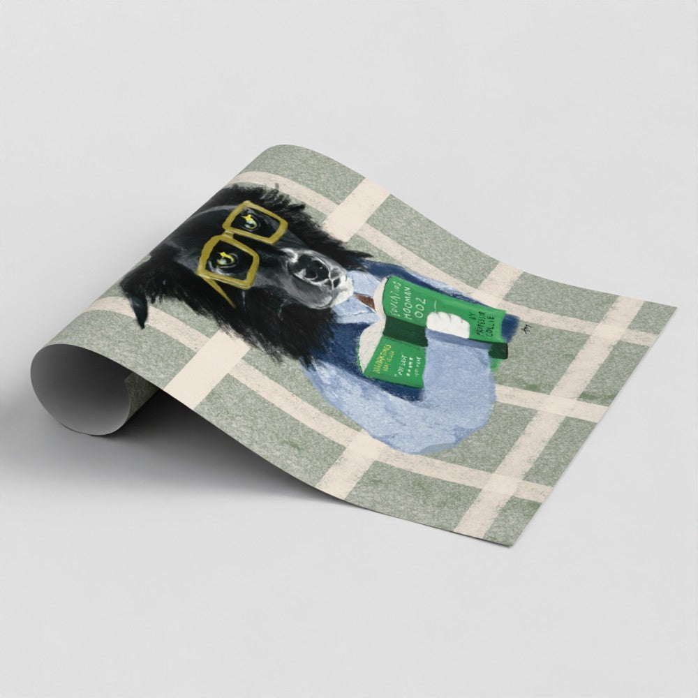 Roll of unframed wall art of a border collie wearing sunglasses on a checkered background
