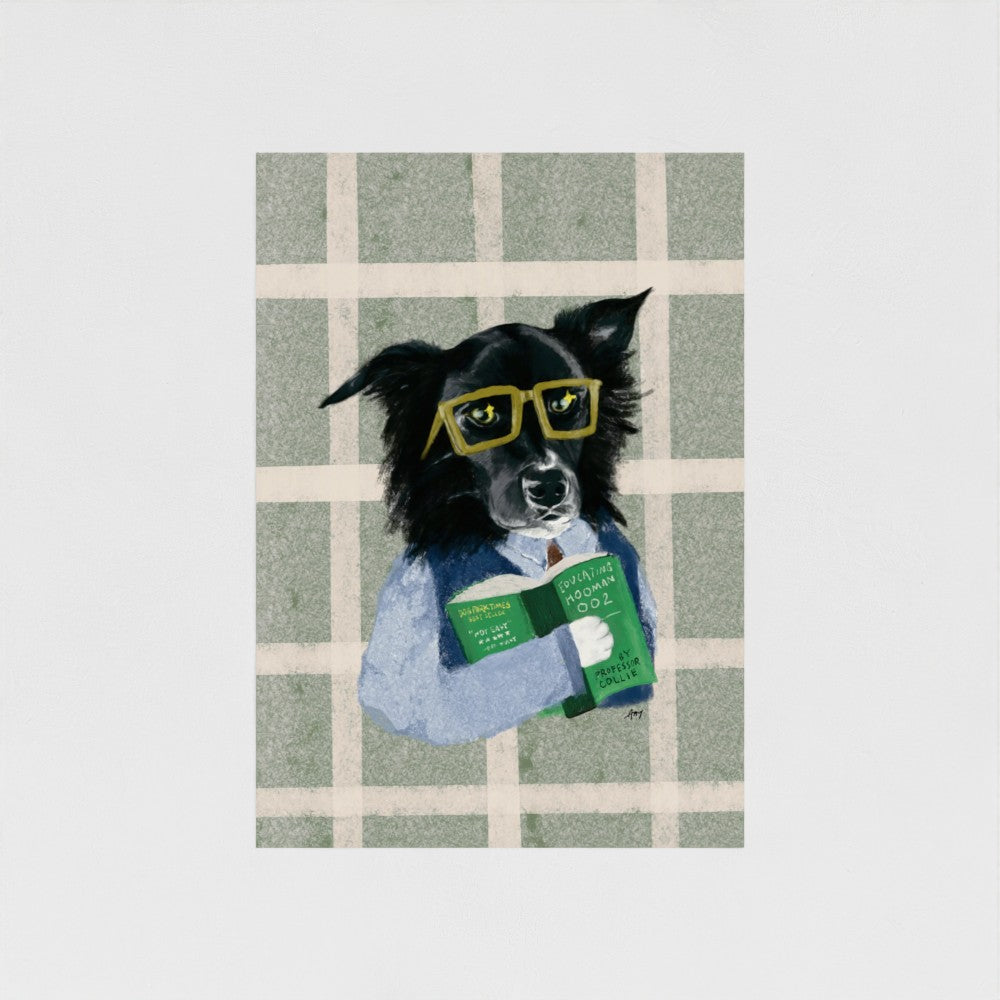Unframed wall art of a border collie wearing sunglasses on a checkered background