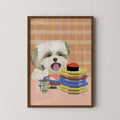 Framed art print of a shin tzu dog with sushi and colorful plates on a plaid background