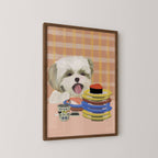 Framed art print of a shin tzu dog with sushi and colorful plates on a plaid background
