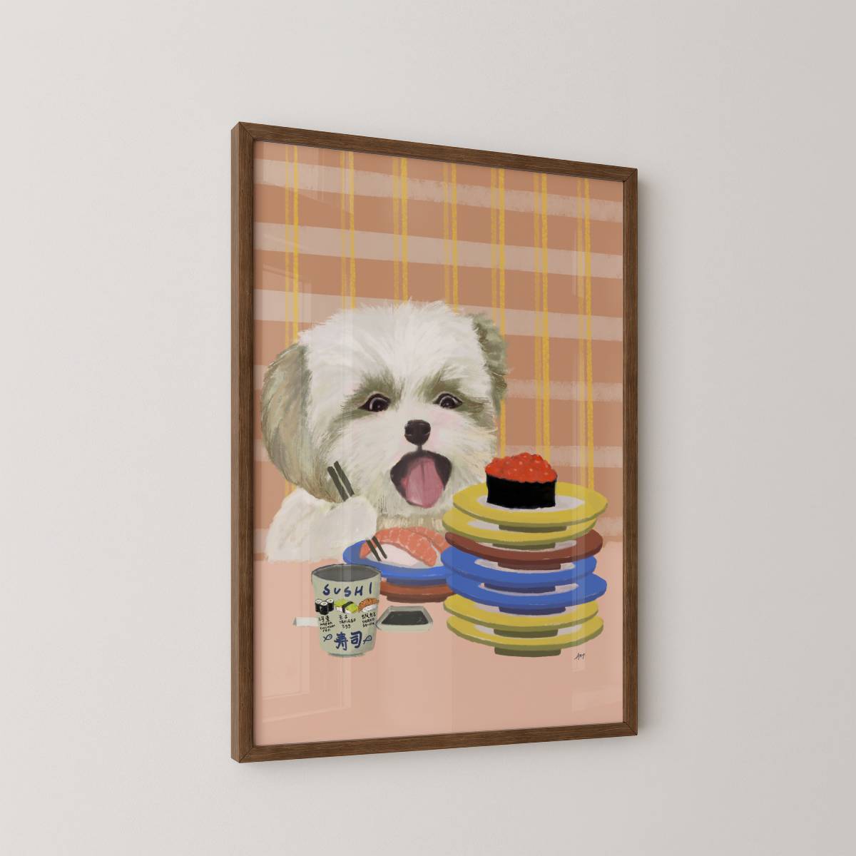 Framed art print of a shin tzu dog with sushi and colorful plates on a plaid background