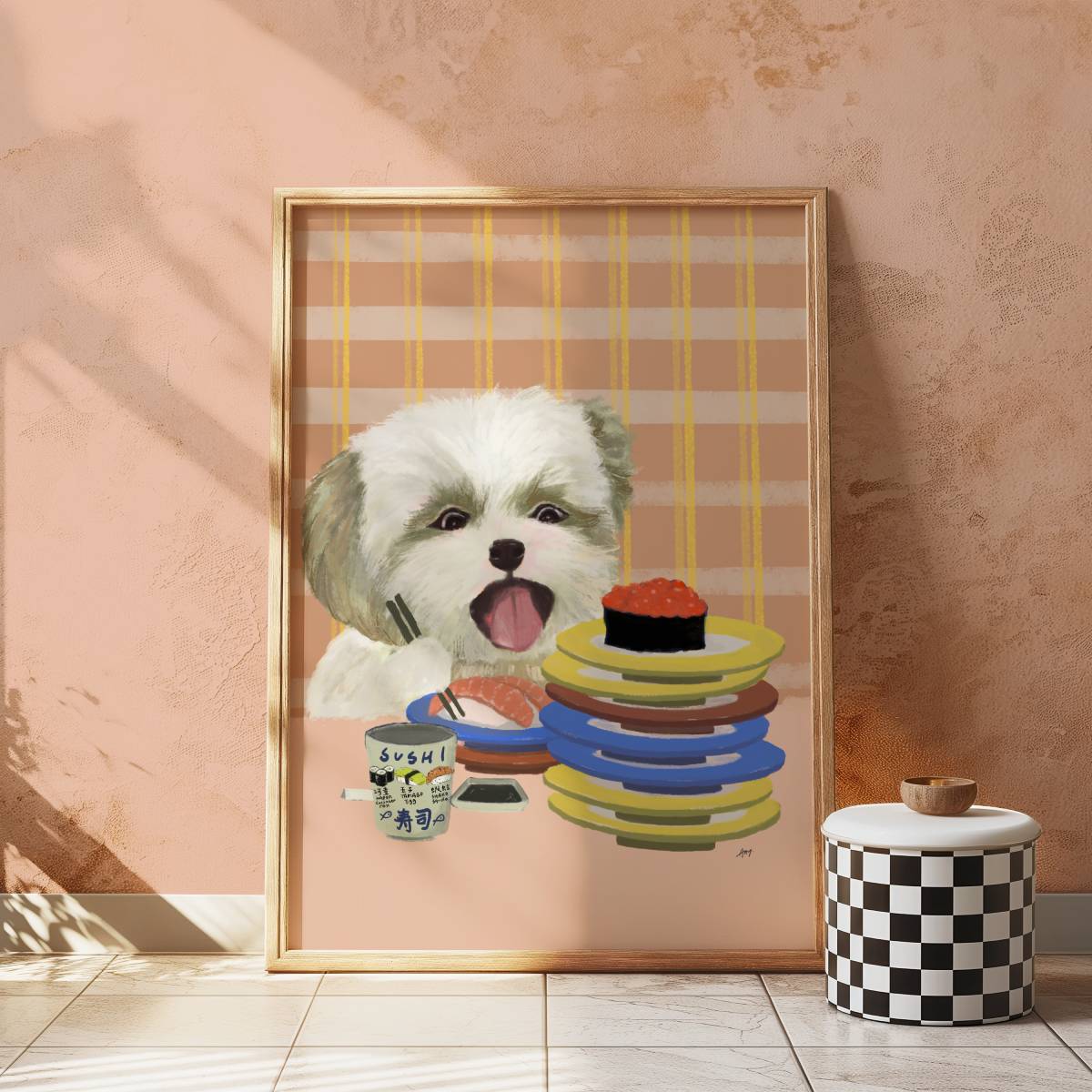 Framed wall art of a dog with sushi on a plaid background