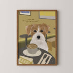 Framed artwork of a dog with a cup of coffee and cake on a table.