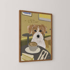 Art print of a terrier dog sitting at a table with a cup of coffee and a piece of cake