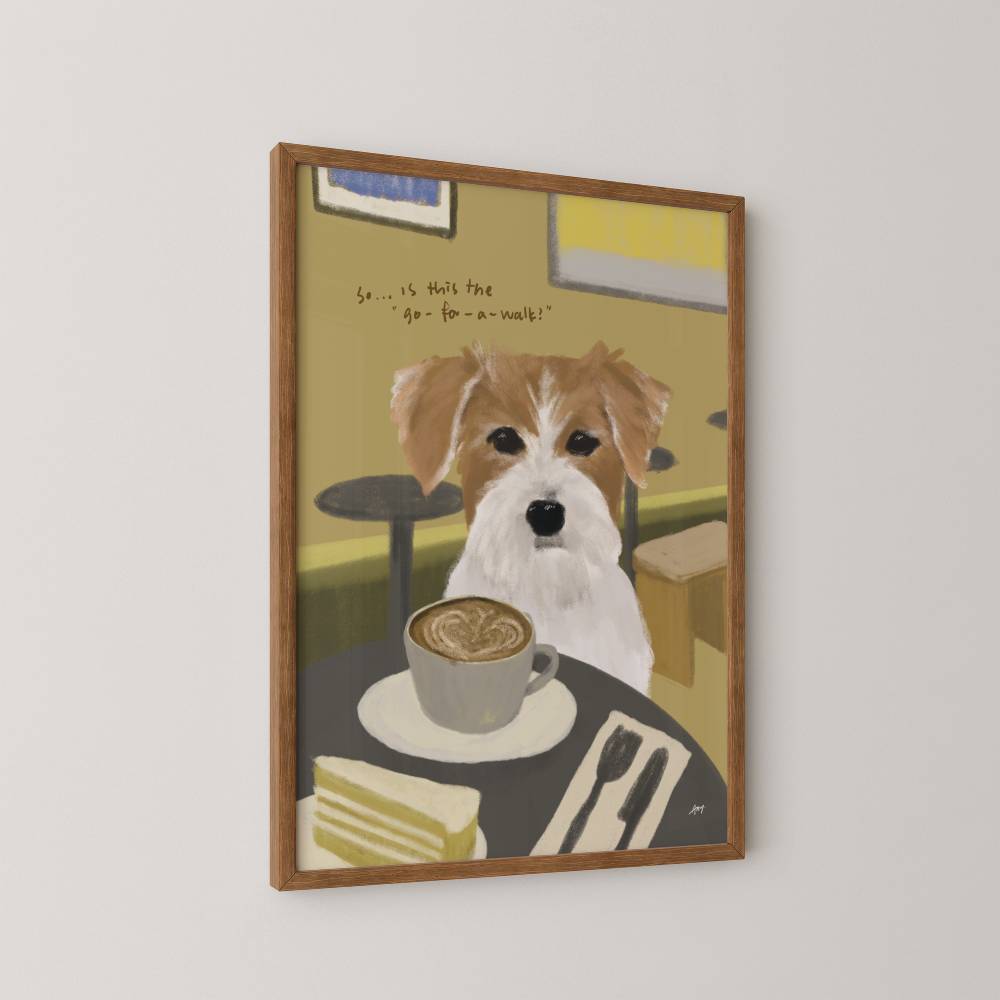 Art print of a terrier dog sitting at a table with a cup of coffee and a piece of cake