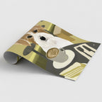 Art print of a terrier dog sitting at a table with a cup of coffee and a piece of cake