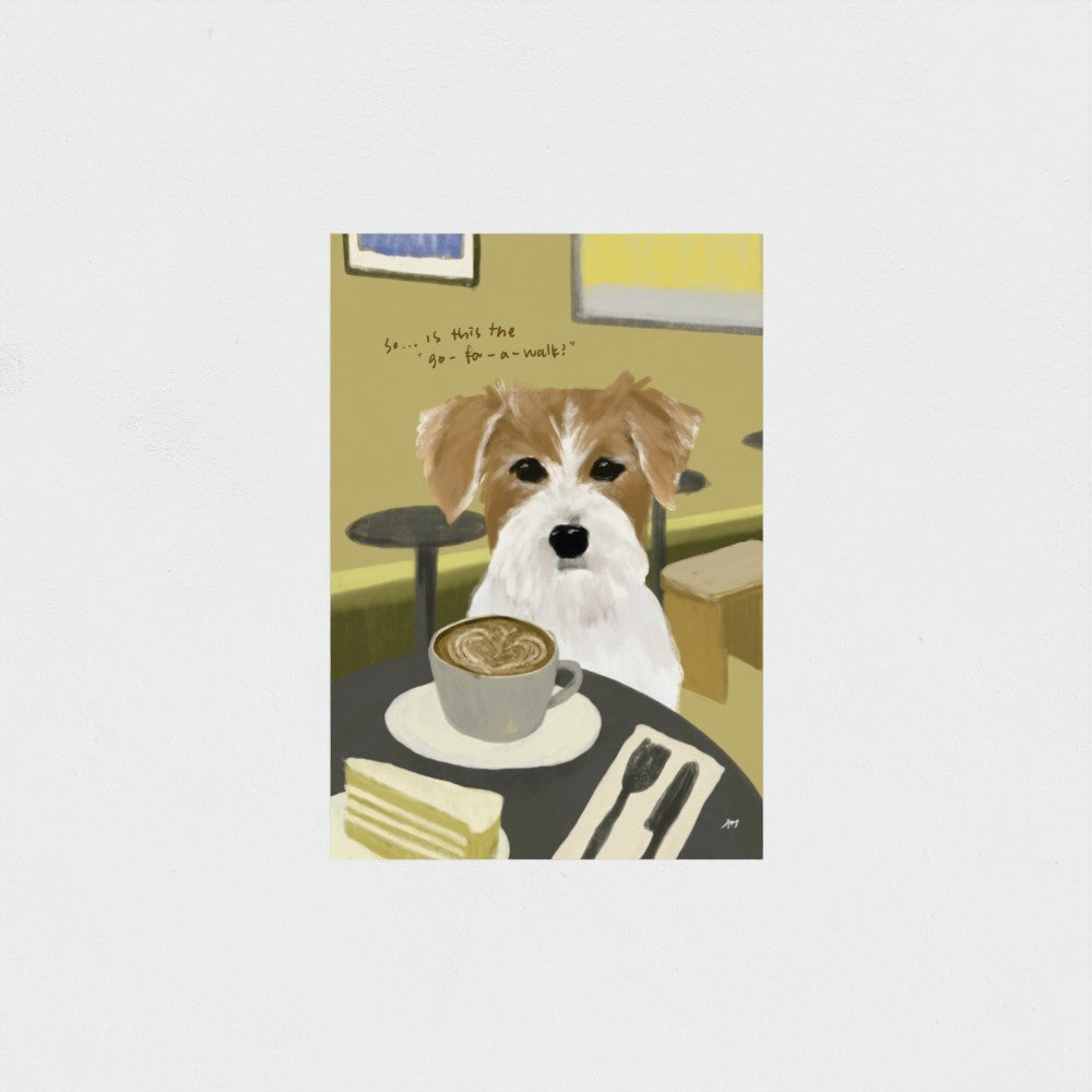 Art print of a terrier dog sitting at a table with a cup of coffee and a piece of cake
