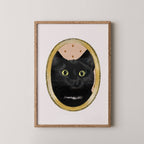 Black cat art print with an illustrated gold frame
