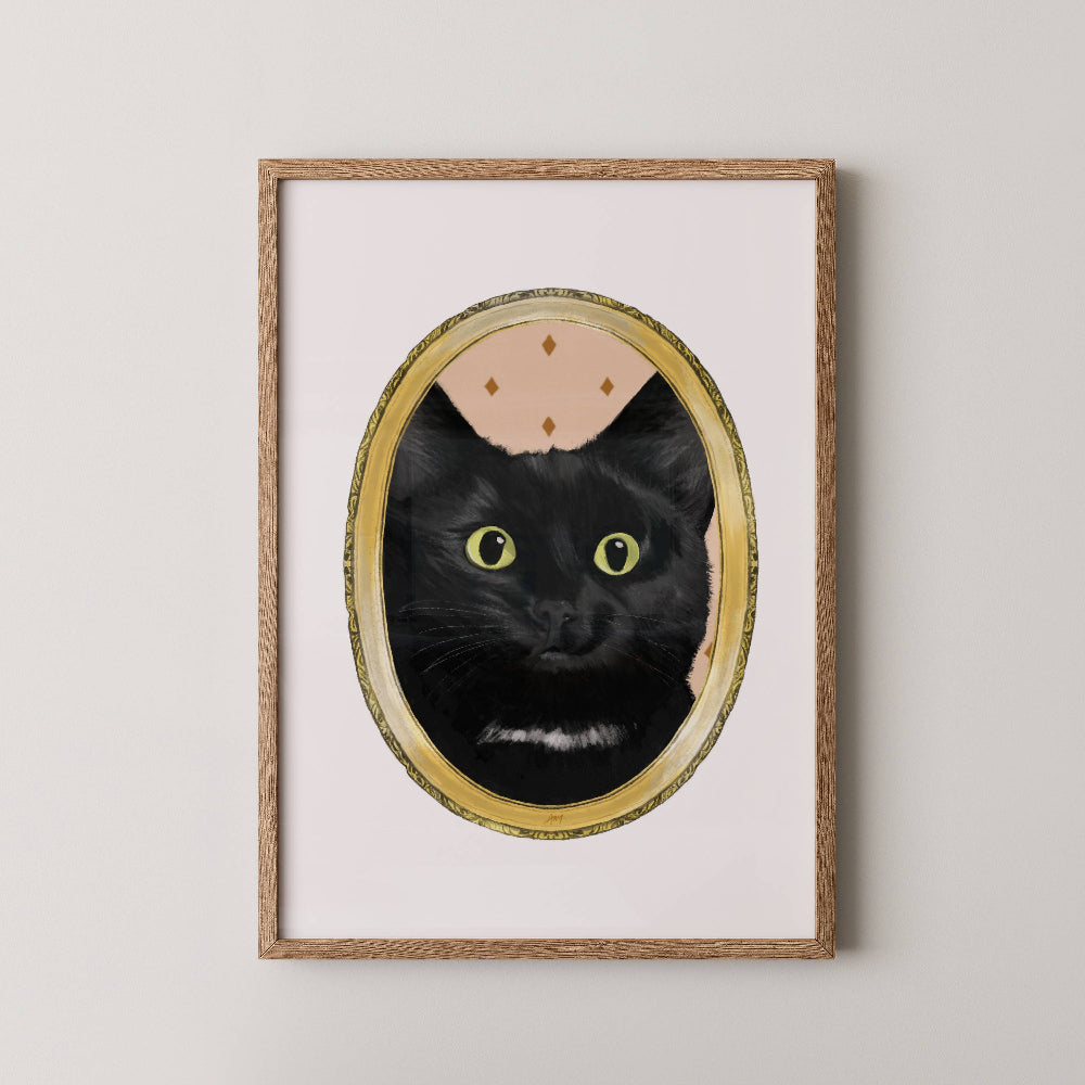 Black cat art print with an illustrated gold frame
