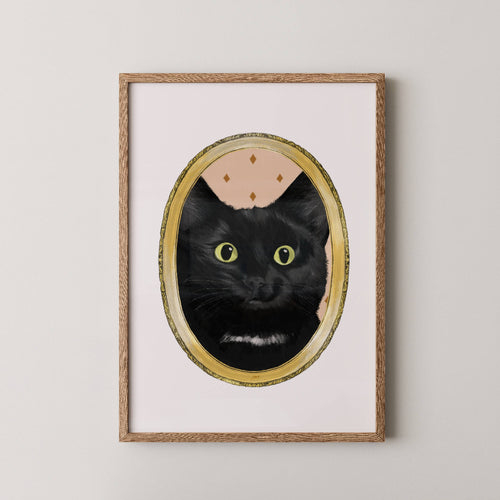 Black cat art print with an illustrated gold frame