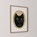 Black cat art print with an illustrated gold frame