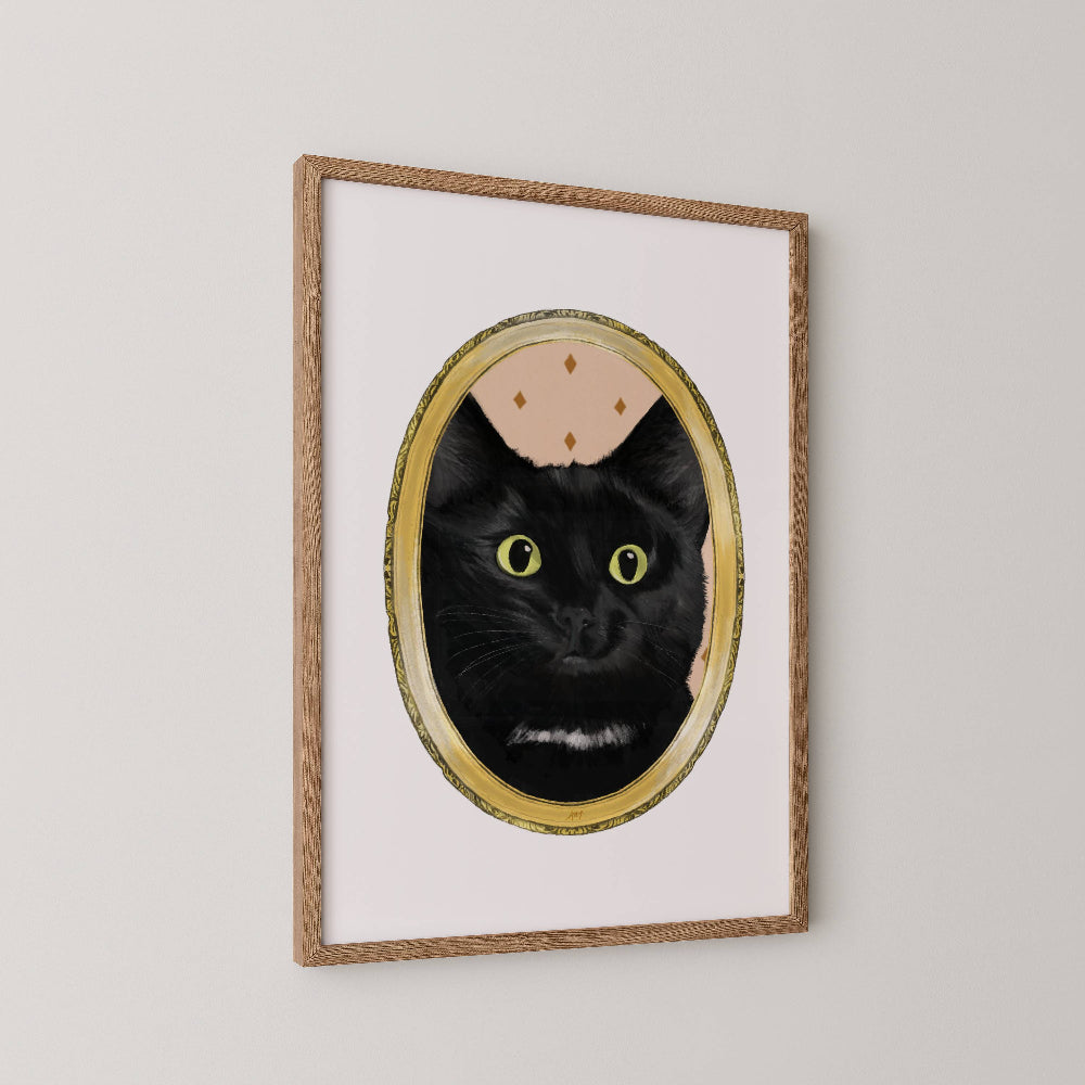 Black cat art print with an illustrated gold frame