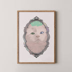 White cat art print displayed in a wooden frame