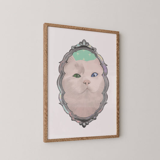 Unframed white cat wall art displayed in a wooden frame