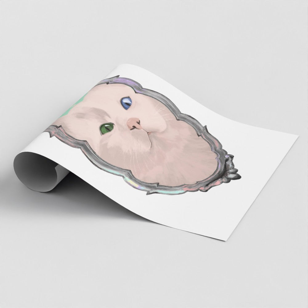 Unframed white cat art print with an illustrated silver frame