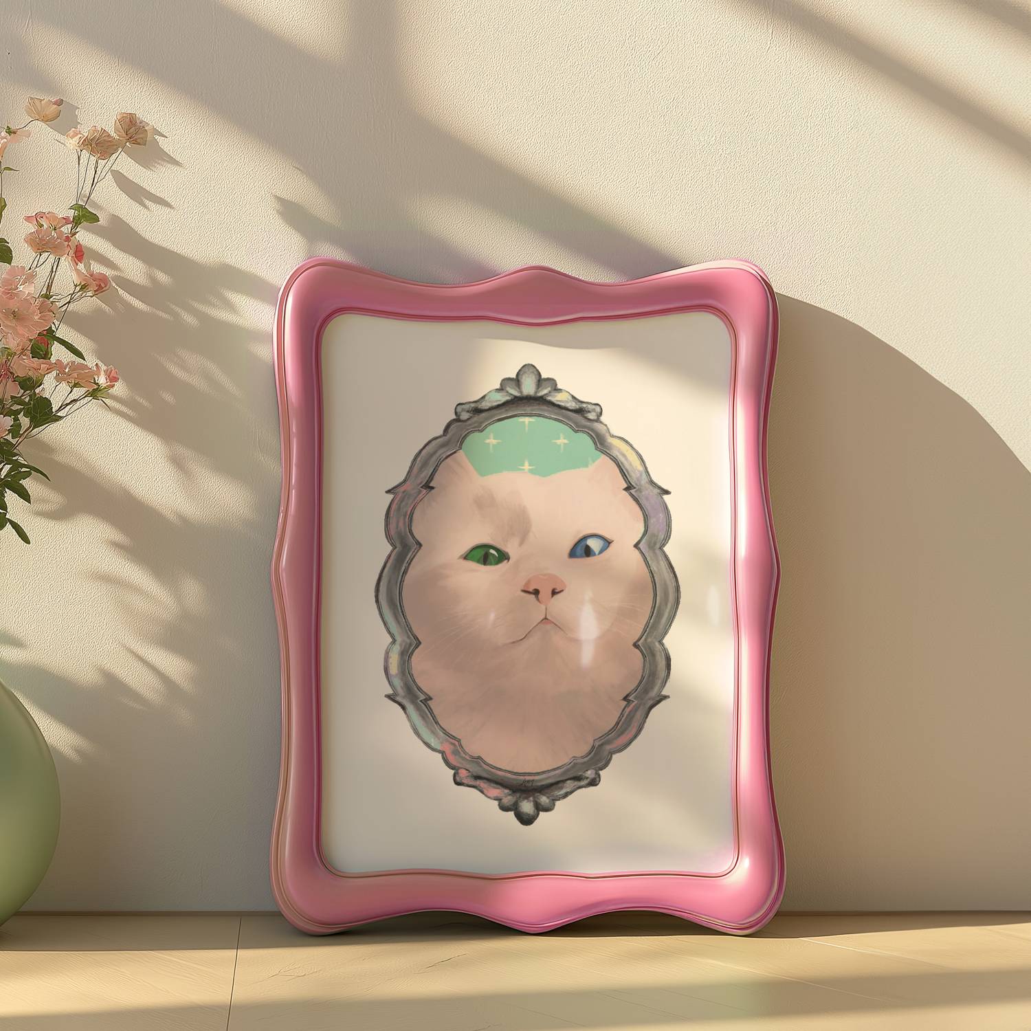 Framed artwork of a white cat with a pink border on a beige wall.
